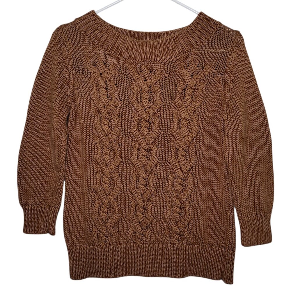 Talbots Cable Knit 3/4 Sleeve Sweater Chunky Brown Petite Large Cottagecore